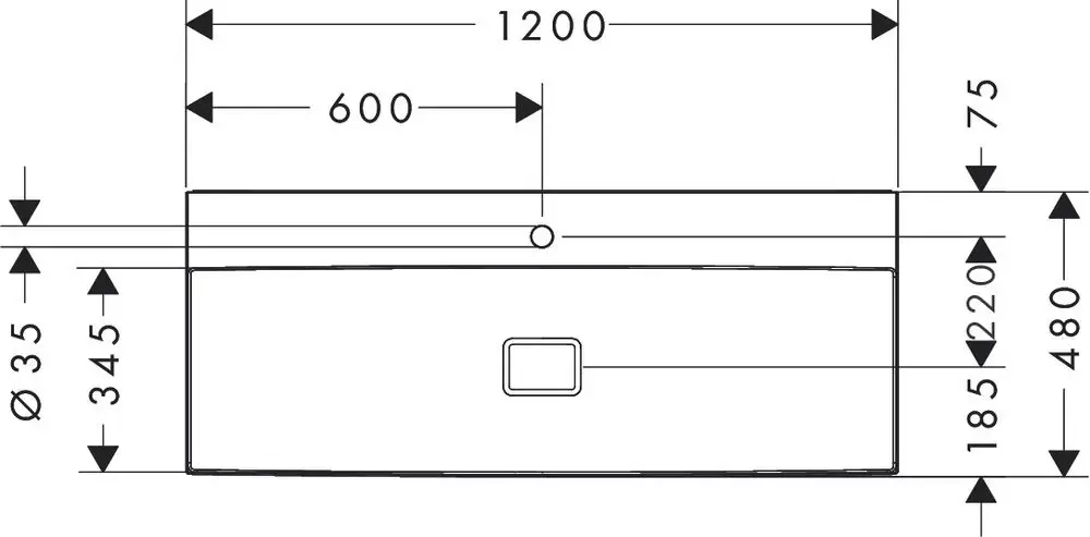 Hansgrohe Waschtisch in rechteckiger Form, ohne Überlauf und mit Hahnloch, sichtbar sind Maße und ein quadratisches Design. Weißer Farbton.